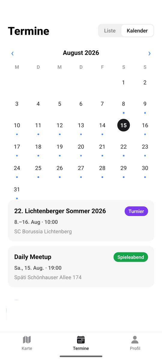 Die Terminliste, gruppiert nach heute, morgen und nächster Woche.