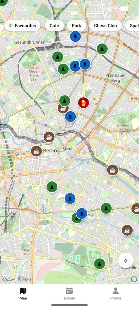 The Berlin Chess map, showing chess clubs, cafés, parks and a Späti as coloured markers across central Berlin.