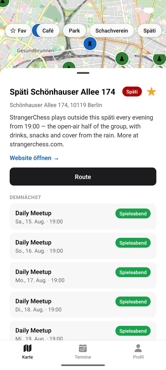 Ein Ort in der App: Späti Schönhauser Allee 174 mit Adresse, Beschreibung, Routen-Button und den kommenden Abenden.