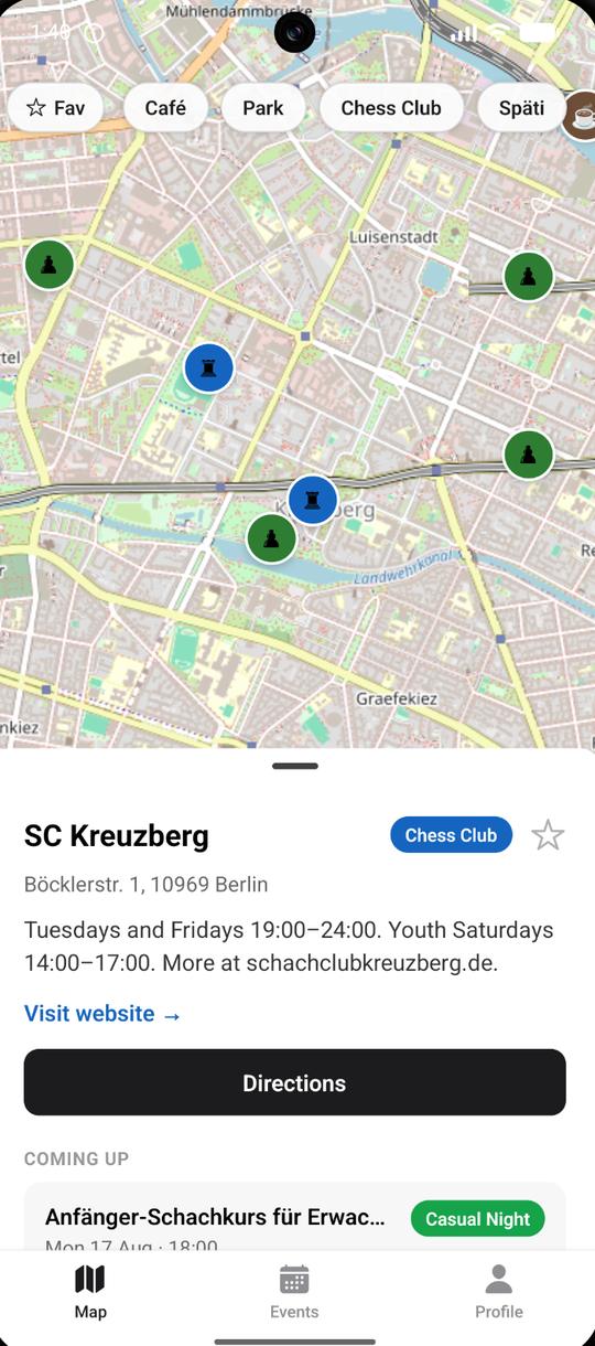 A venue open in the app: Späti Schönhauser Allee 174, its address and description, a directions button, and its coming-up evenings.
