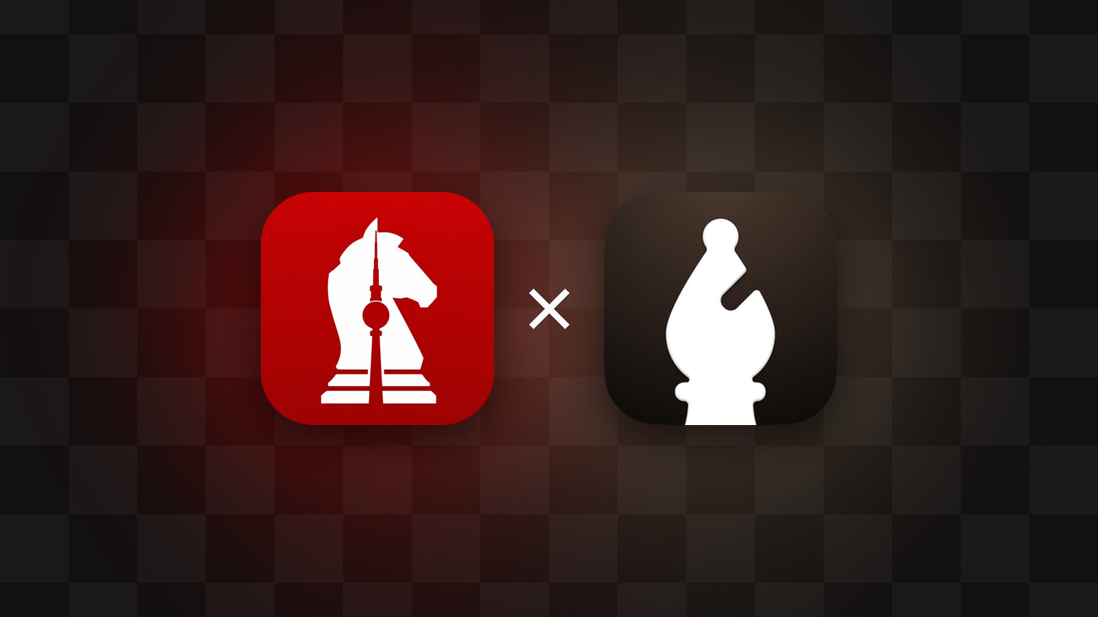 The red Berlin Chess app icon with its knight and TV tower, and the dark JustChess app icon with its bishop, side by side with a cross between them on a dark chessboard.