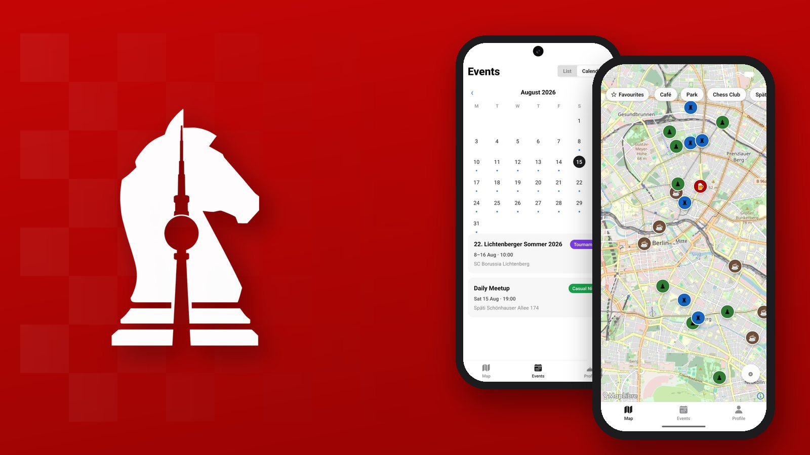 Der Springer von Berlin Chess auf rotem Grund, daneben zwei Smartphones mit dem Terminkalender der App und ihrer Karte der Orte zum Spielen in Berlin.